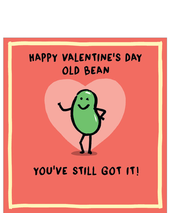 This valentine's card is decorated with a cute illustration of a smiling green bean striking a pose. The text on the front of the card reads 