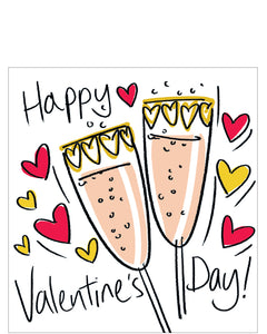 This lovely valentines day card is decorated with an illustration of a pair of champagne flutes - filled with fizz - and surrounded by hearts. Black text on the front of the card reads "Happy Valentine's Day!"