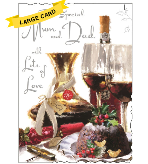 This large Jonny Javelin Christmas card is decorated with delicious festive treats. - including a steaming christmas pudding, two glasses of red wine alongside a gilded carafe. Silver text on the front of this Christmas card reads 