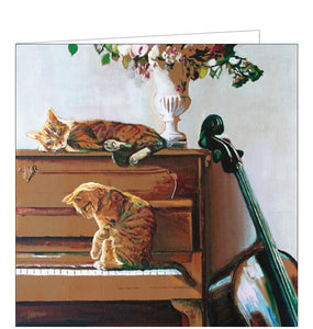 This adorable blank greetings card detail from an oil painting by Timothy Adam Matthews showing a pair of tabby cats relaxing in the sunshine on a piano. A cello lies propped against the piano. 