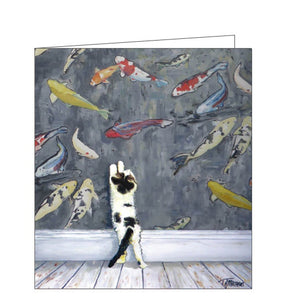 This cute, small blank card shows detail from an artwork by artist Timothy Matthews showing a black & white cat trying to catch the fish on the wallpaper.