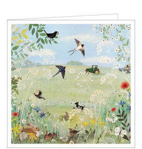 This stunning blank greetings card features detail from an artwork by talented artist Lucy Grossmith showing a green tractor ploughing a field on a sunny day. Wildlife and flowers frame the image.