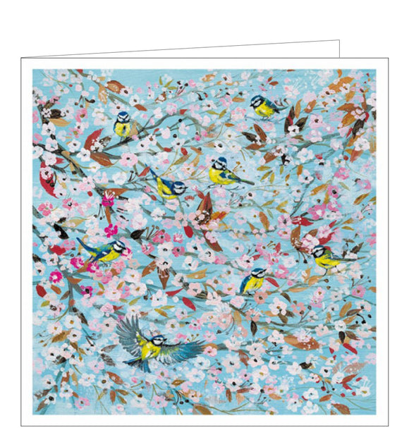 A stunning blank greetings card which features detail from an artwork by Lucy Grossmith, showing a flock of blue tit birds perched amongst pink tree blossom. 
