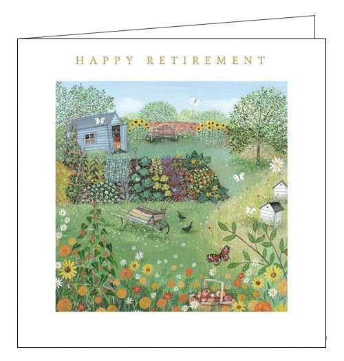 A lovely retirement card which features the artwork of Lucy Grossmith . this is a artist's drawing of a busy and well tended garden allotment with shed and beehives too. Gold lettering on the front of the card reads 