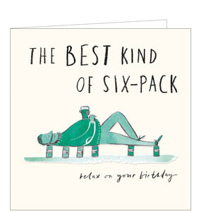 This birthday card features a green coloured illustration of a man laid out and snoozing happily on several cans of beer!  The text on the front reads "The best kind of six-pack...Relax on your birthday".