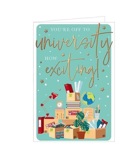 This card celebrates the excitement of going off to University with an image of packed up boxes, and student paraphernalia- including the ubiquitous tins of baked beans! Gold and white text on the front of the card reads 