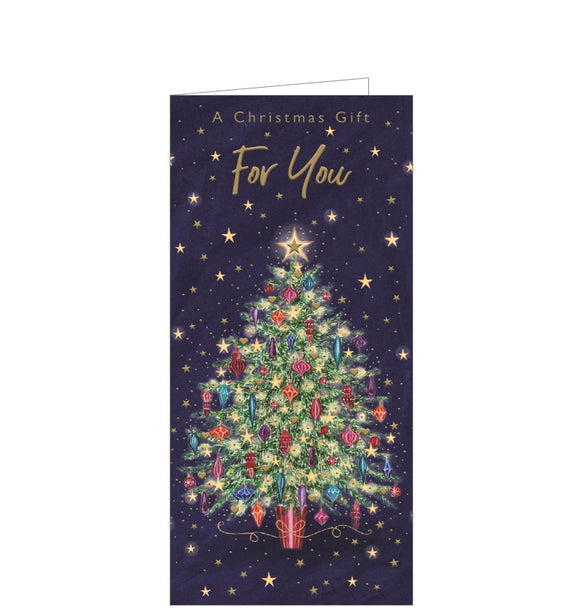 Perfect for sending cash, cheques or gift cards, this money wallet is decorated with a christmas tree shining with golden lights and colourful baubles. Gold text on the front of the wallet reads 