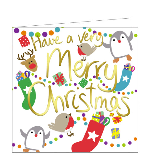 This lovely little christmas card is decorated with colourful robins, penguins, gifts and garlands surrounding gold text that reads 