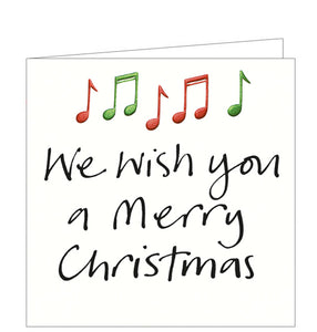 This lovely little christmas card is decorated with metallic red and green musical notes. The caption on the front of the card reads "We wish you a Merry Christmas".