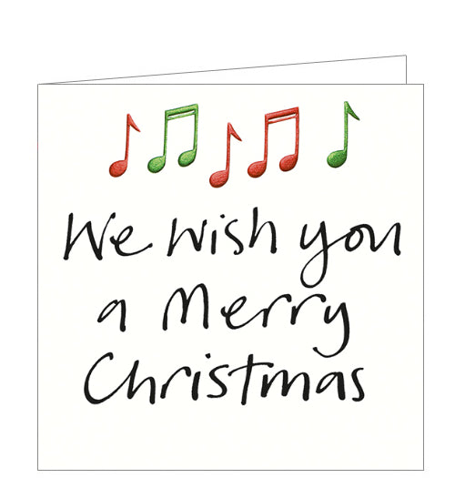 This lovely little christmas card is decorated with metallic red and green musical notes. The caption on the front of the card reads 