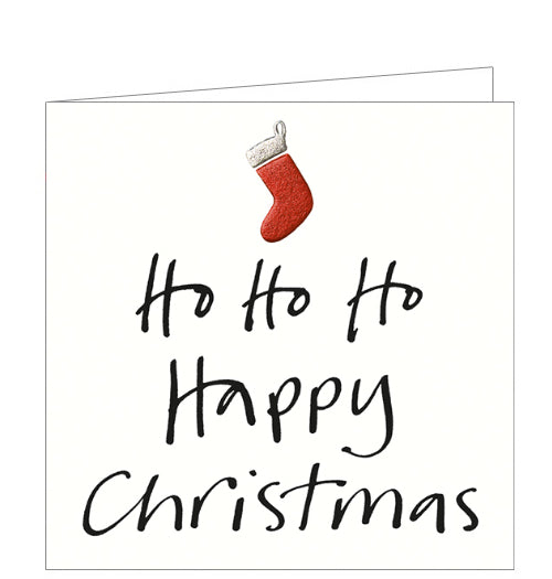 This lovely little christmas card is decorated with a simple embossed metallic red christmas stocking. The caption on the front of the card reads 
