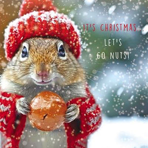 This fabulous christmas card is decorated with an edited photograph of a squirrel - dressed in a hat and coat to keep warm in the snow. The caption on the front of the card reads "It's Christmas...let's go nuts!"