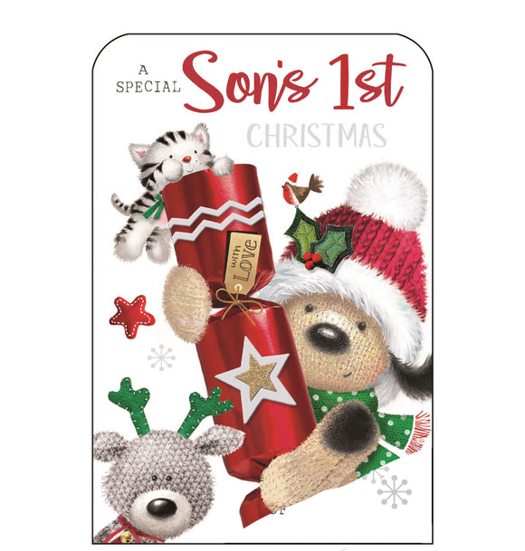 This Christmas card for a special son's first christmas is decorated with Fudge the dog holding a giant red christmas cracker. Glittery red text on the front of this Christmas card reads 