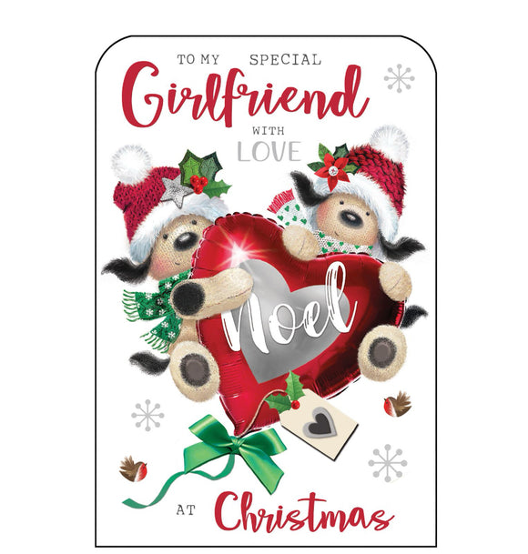 This Christmas card for a special girlfriend is decorated with two cute knitted dogs, dressed in hats and scarves, hanging on to a large, red festive heart-shaped balloon. Silver and glittery red text on the front of this Christmas card reads 