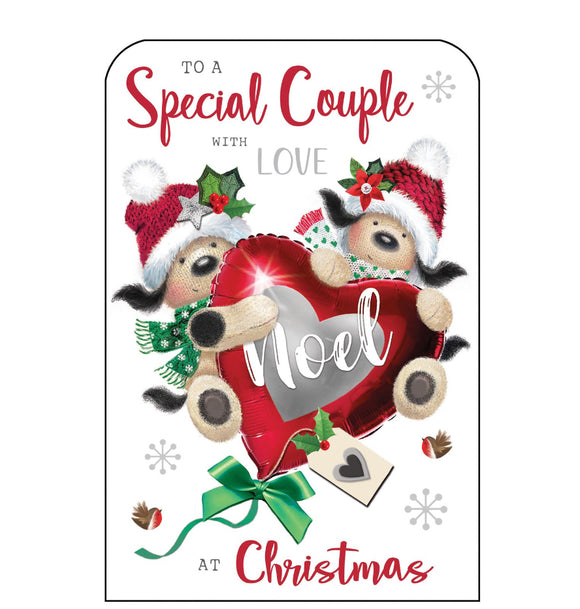 This Christmas card for a special couple is decorated with two cute knitted dogs, dressed in hats and scarves, hanging on to a large, red festive heart-shaped balloon. Silver and glittery red text on the front of this Christmas card reads 