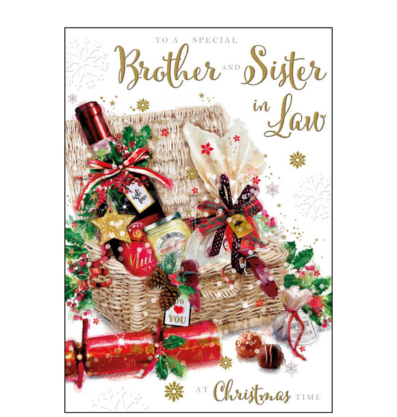 This Christmas card for a special brother and sister in law is decorated with a jam-packed christmas hamper filled with delicious goodies. The text on the front of this Christmas card reads 