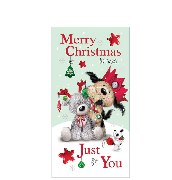 This money wallet is decorated with a cute illustration of Fudge the dog hanging baubles on the antlers of a cute knitted reindeer.  The text on the front of the card reads 