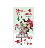 This money wallet is decorated with a cute illustration of Fudge the dog hanging baubles on the antlers of a cute knitted reindeer.&nbsp; The text on the front of the card reads "Merry Christmas Wishes Just For You".