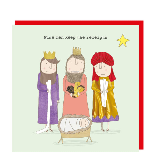 This Christmas card features one of Rosie Made a Thing's unmistakably witty and charming illustrations showing the three wise men bearing gifts - and receipts! - arriving to worship the baby Jesus. The caption on the front of this Christmas card reads 