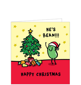 This cute and funny christmas card is decorated with a cartoon of an exciting, anthropomorphised green bean, cheering beside a christmas tree that is surrounded by presents from Father Christmas. The caption on the card reads "He's bean!!!"