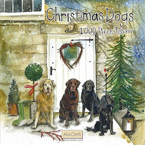 This 1000 piece jigsaw is decorated with an Alex Clark illustration of four dogs - including a retriever, labradors and a spaniel, sitting on a snowy cottage doorstep.