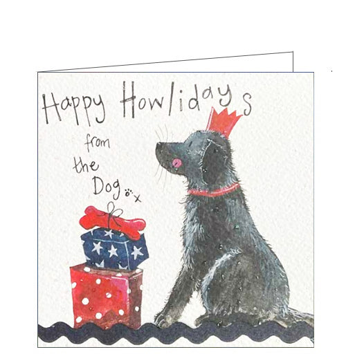 Part of Alex Clark's Christmas card collection, this petite Christmas card is decorated with Alex's painting of black labrador dog - wearing a red paper crown sitting patiently in front of a pile of christmas presents. The text on the front of the card reads 