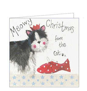 Part of Alex Clark's Christmas card collection, this petite Christmas card is decorated with Alex's painting of a fluffy cat - wearing a red paper crown - looking at a wrapped Christmas gift that seems to be suspiciously fish-shaped. The text on the front of the card reads "Meowy Christmas from the Cat x".