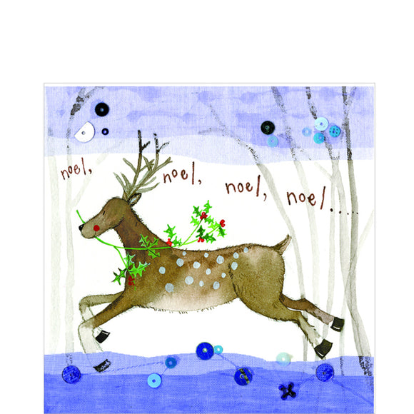 Part of Alex Clark's Christmas card collection, this petite Christmas card is decorated with Alex's painting of reindeer with antlers prancing across the front of the card with a sprig of holly in its mouth. The text on the front of the card reads 