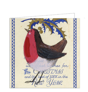 Part of Alex Clark's Christmas card collection, this petite Christmas card is decorated with one of Alex Clark's cheerful robins who appears to have hopped onto the front of a vintage victorian Christmas card. Blue calligraphic script half hidden by the bird reads "To a great friend with best wishes for Christmas and the beat of LUCK in the New Year".