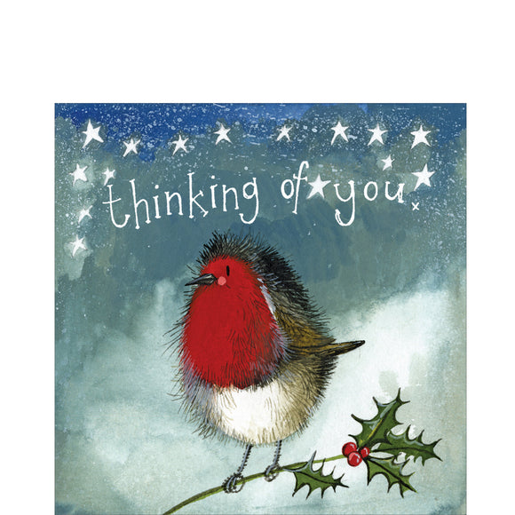 Part of Alex Clark's Christmas card collection, this petite Christmas card is decorated with Alex's painting of a robin. White text on the front of the card reads 