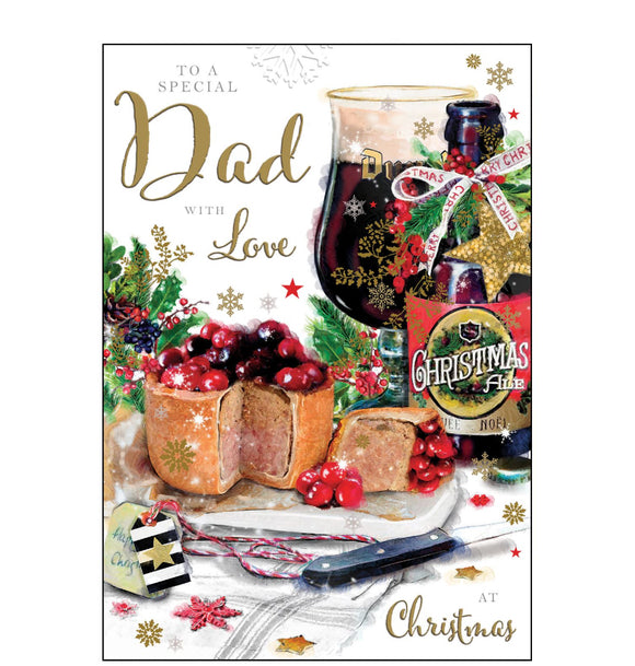 This Christmas card for a special dad is decorated with a delicious looking festive feast comprised on a cranberry-topped pork pie, ready to be washed down with a bottle of Christmas Ale. The text on the front of this Christmas card reads 