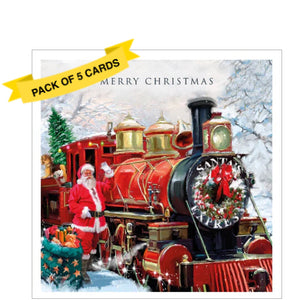 This pack of 5 Charity Christmas cards feature an artwork by the Macneil Studio showing Father Christmas waving as he boards the Santa Express steam train. The caption on the front of these cards reads "Merry Christmas".