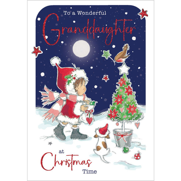 This cute Christmas card for a special granddaughter is decorated with an illustration of a young girl bundled up in a glittery red coat and hood, trimming a Christmas tree with the help of a robin and puppy. The white and glittery red text on the front reads 