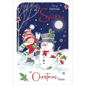 This cute Christmas card for a special son is decorated with an illustration of a young boy bundled up in a glittery red coat and hat tying a scarf round the neck of a smart looking snowman with the help of a puppy. The white and glittery red text on the front of this Christmas card reads "To a special Son at Christmas Time."