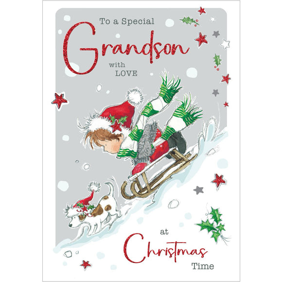 This cute Christmas card for a special grandson is decorated with an illustration of a young boy bundled up in a glittery red coat and scarf flying down a snowy hill on a sled. The white and glittery red text on the front reads 