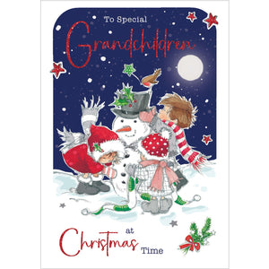 This cute Christmas card for very special grandkids is decorated with a trio of young children - assisted by a robin - putting the finishing touches to a very smart looking snowman. White and glittery red text on the front of this Christmas card reads "To Special Grandchildren at Christmas Time".