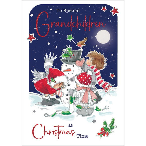 This cute Christmas card for very special grandkids is decorated with a trio of young children - assisted by a robin - putting the finishing touches to a very smart looking snowman. White and glittery red text on the front of this Christmas card reads 