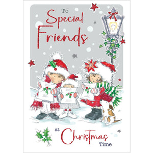 This cute Christmas card for special friends is decorated with a cute illustration of a trio of young carol singers and their puppy, dressed in glittery red coats and Santa hats.&nbsp; Black and glittery red text on the front of this Christmas card reads "To All the Family at Christmas Time".