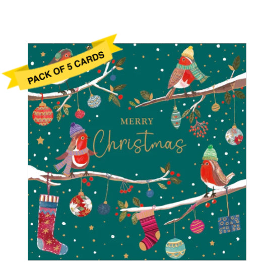 This pack of charity Christmas cards includes 5 cards of one design. The artwork on the front of the cards shows four cute robins - dressed in woolly hats and scarves - perched on snow-covered branches. Gold text on the front of the cards reads 