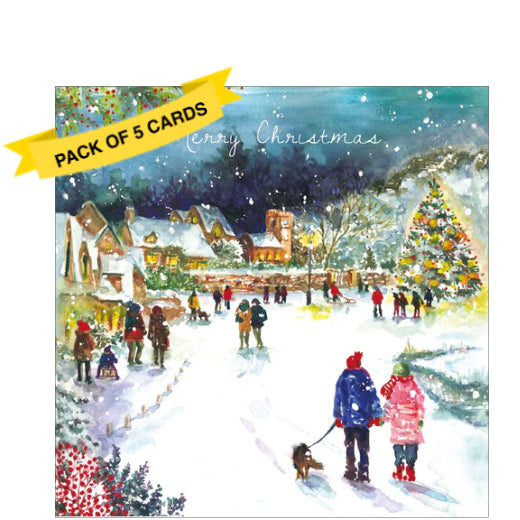 This pack of charity Christmas cards includes 5 cards of one design. The artwork on the front of the cards shows a village full of people making their way towards church on a snowy christmas eve. The text on the front of the cards reads 