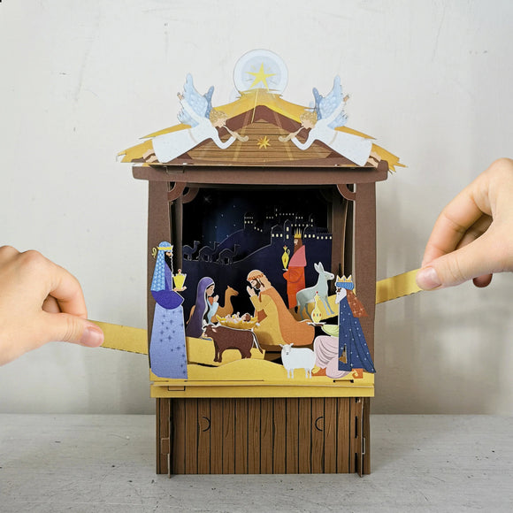 This fabulous 3d christmas card is made of multiple layers of laser cut card to create a breathtaking, playable theatre stage showing a nativity scene.