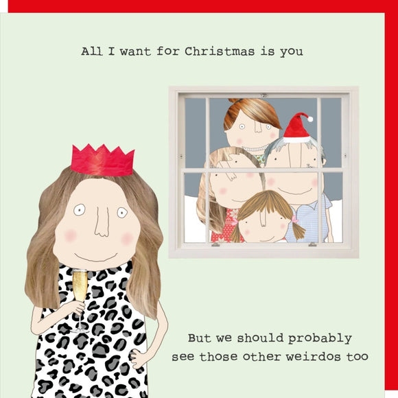 This Christmas card features one of Rosie Made a Thing's unmistakably witty and charming illustrations showing a crowd of family and friends standing outside a window. The caption on the front of the card reads 