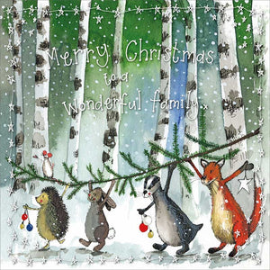 Part of Alex Clark's Christmas card collection, this Christmas card for a special family is decorated with Alex's painting of small woodland creatures - a hedgehog, a rabbit, a badger and a fox - carrying a Christmas branch through the wood. Silver text on the front of the card reads "Merry Christmas to a wonderful family".