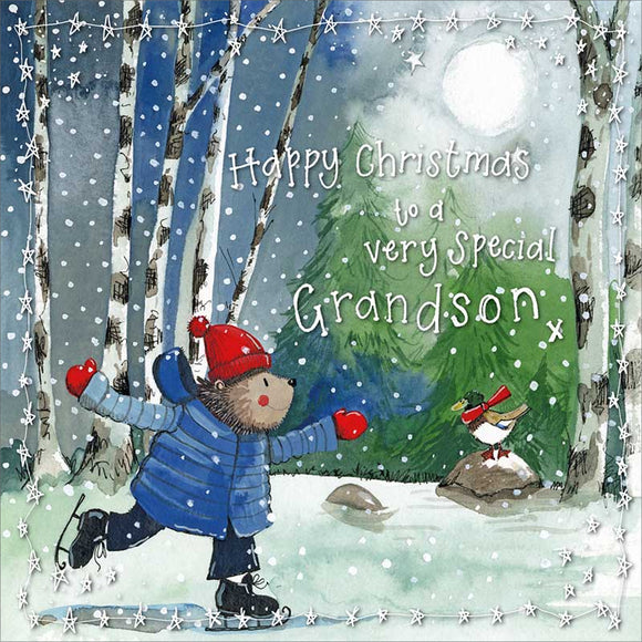 Part of Alex Clark's Christmas card collection, this Christmas card is decorated with Alex's painting of a hedgehog, wearing a coat and hat, on its hind legs, skating in a snowy forest clearing. SIlver text on the front of the card reads 