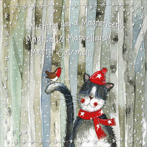 Part of Alex Clark's Christmas card collection, this Christmas card shows a cat in a red festive hat and scarf, with a robin standing on his tail. The text on the front of the card reads "Wishing you a Magnificent, magical and marvellously merry Cat-mas" The ideal Christmas card for a cat lover.