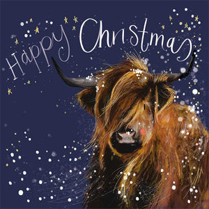 Part&nbsp;of Alex Clark's Christmas card collection, this Christmas card is decorated with Alex's painting of&nbsp;a highland cow - or highland coo - in a swirl of stars and snow. The&nbsp;text on the front of the card reads "Merry Christmas".