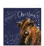 Part of Alex Clark's Christmas card collection, this Christmas card is decorated with Alex's painting of a highland cow - or highland coo - in a swirl of stars and snow. The text on the front of the card reads "Merry Christmas".