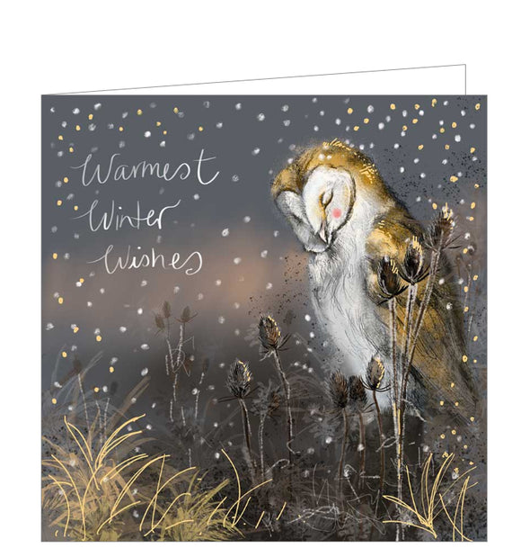 Part of Alex Clark's Christmas card collection, this Christmas card is decorated with Alex's painting of a barn owl in a grey, winterly landscape, with a swirl of snow and stars around the owl. The text on the front of the card reads 