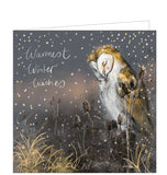 Part of Alex Clark's Christmas card collection, this Christmas card is decorated with Alex's painting of a barn owl in a grey, winterly landscape, with a swirl of snow and stars around the owl. The text on the front of the card reads "Warmest Winter Wishes".