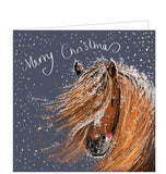 Part of Alex Clark's Christmas card collection, this Christmas card is decorated with Alex's painting of a chestnut coloured horse with its snow-covered mane swirling around the pony's face. The text on the front of the card reads "Merry Christmas".